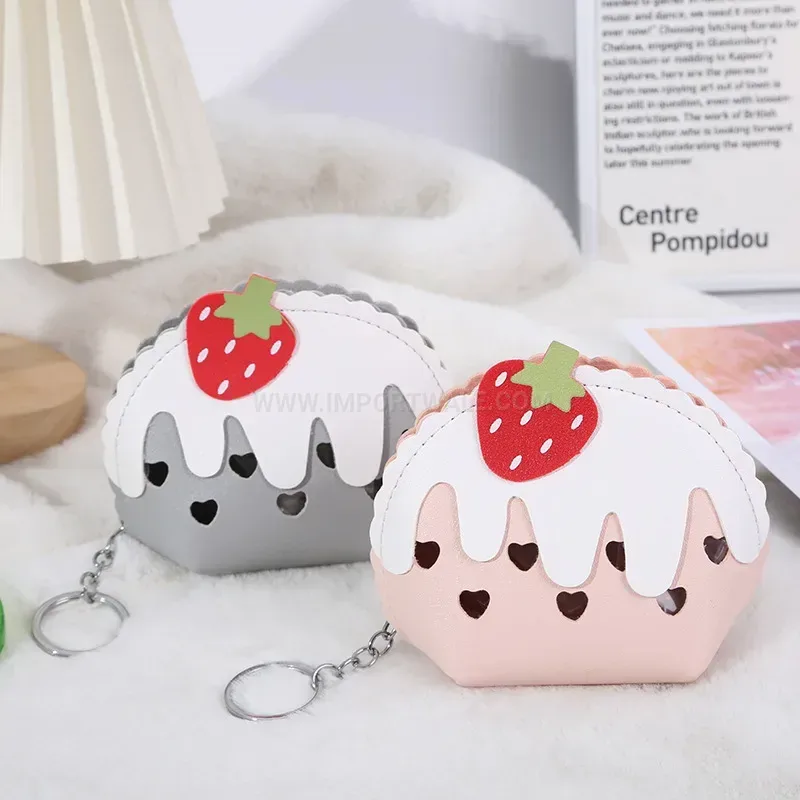 Classic Minimalist Strawberry Pattern Semicircle PU Leather Mini Pouch