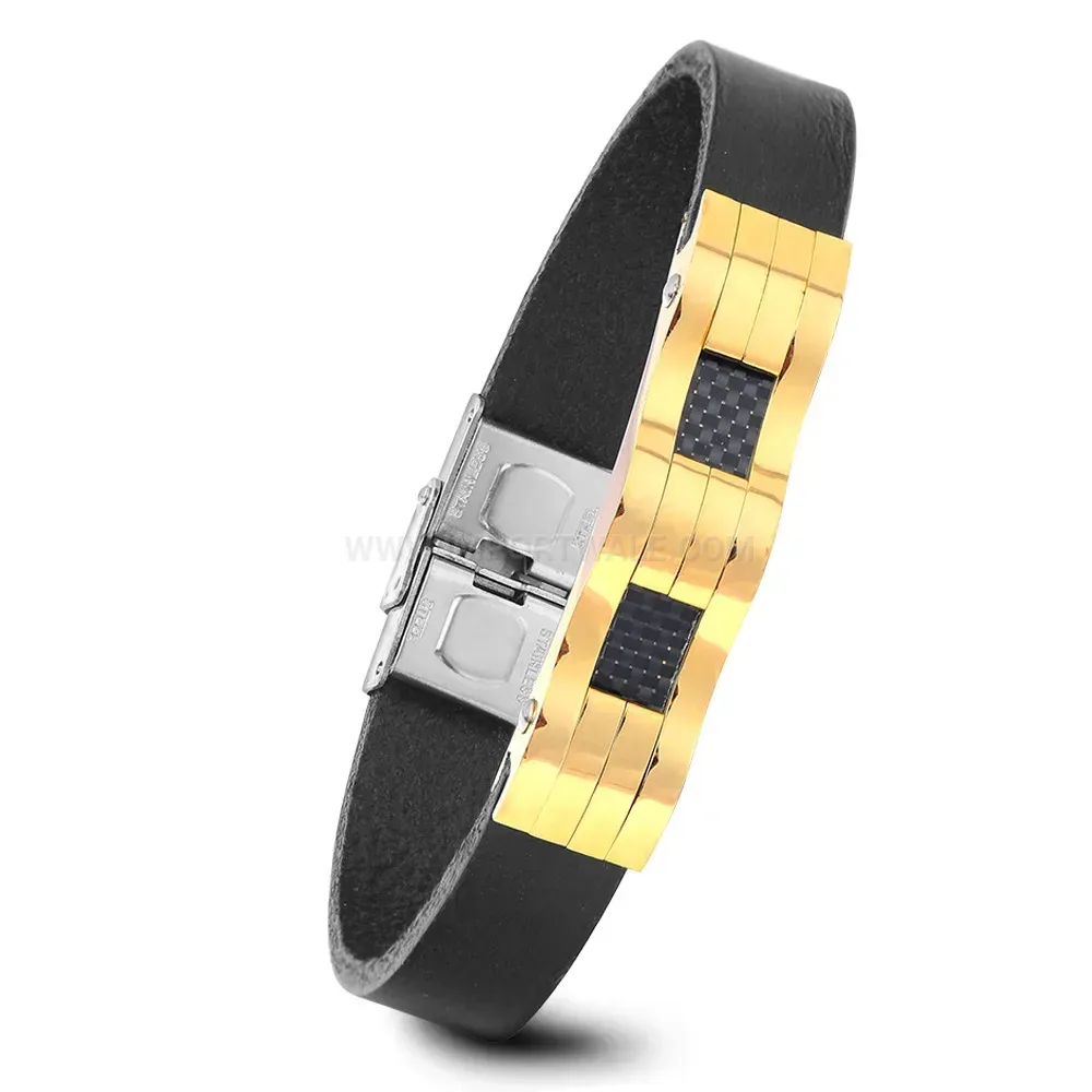 Men's Two-Tone Black Leather Cord Stainless Steel Bracelet