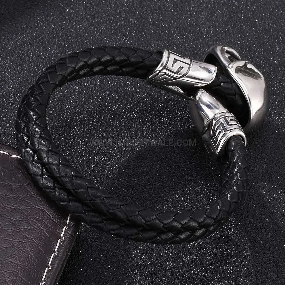 Vintage Skull Double Wrap Leather Bracelet with Stainless Steel Details