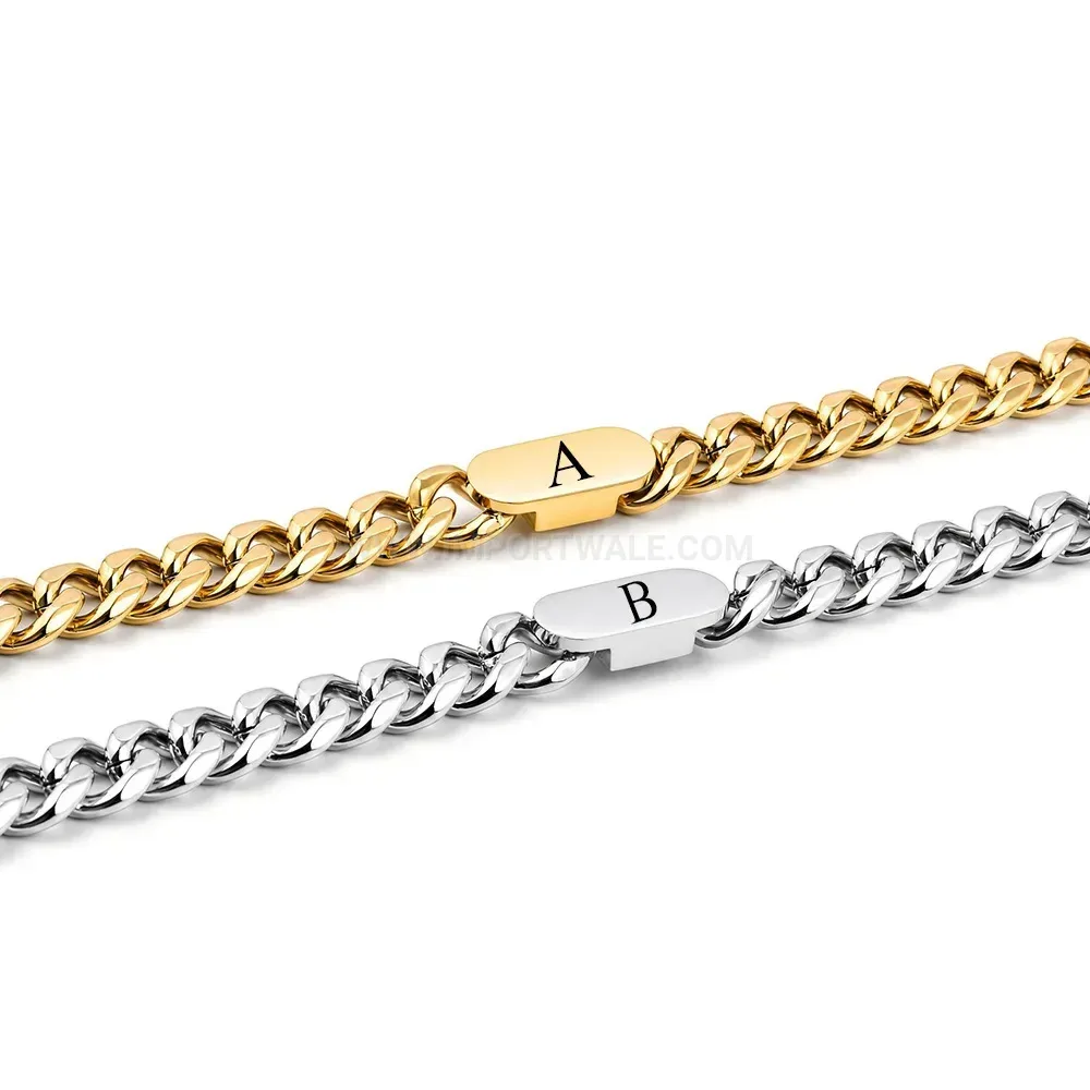 Engraved Alphabet Stainless Steel Cuban Chain Bracelet