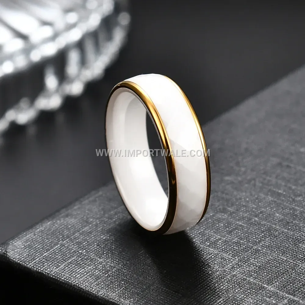Gold Trimmed Diamond Cut Ceramic Ring