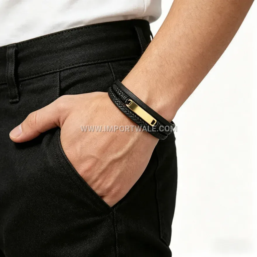 Stainless Steel Accent Braided Leather Punk Bracelet