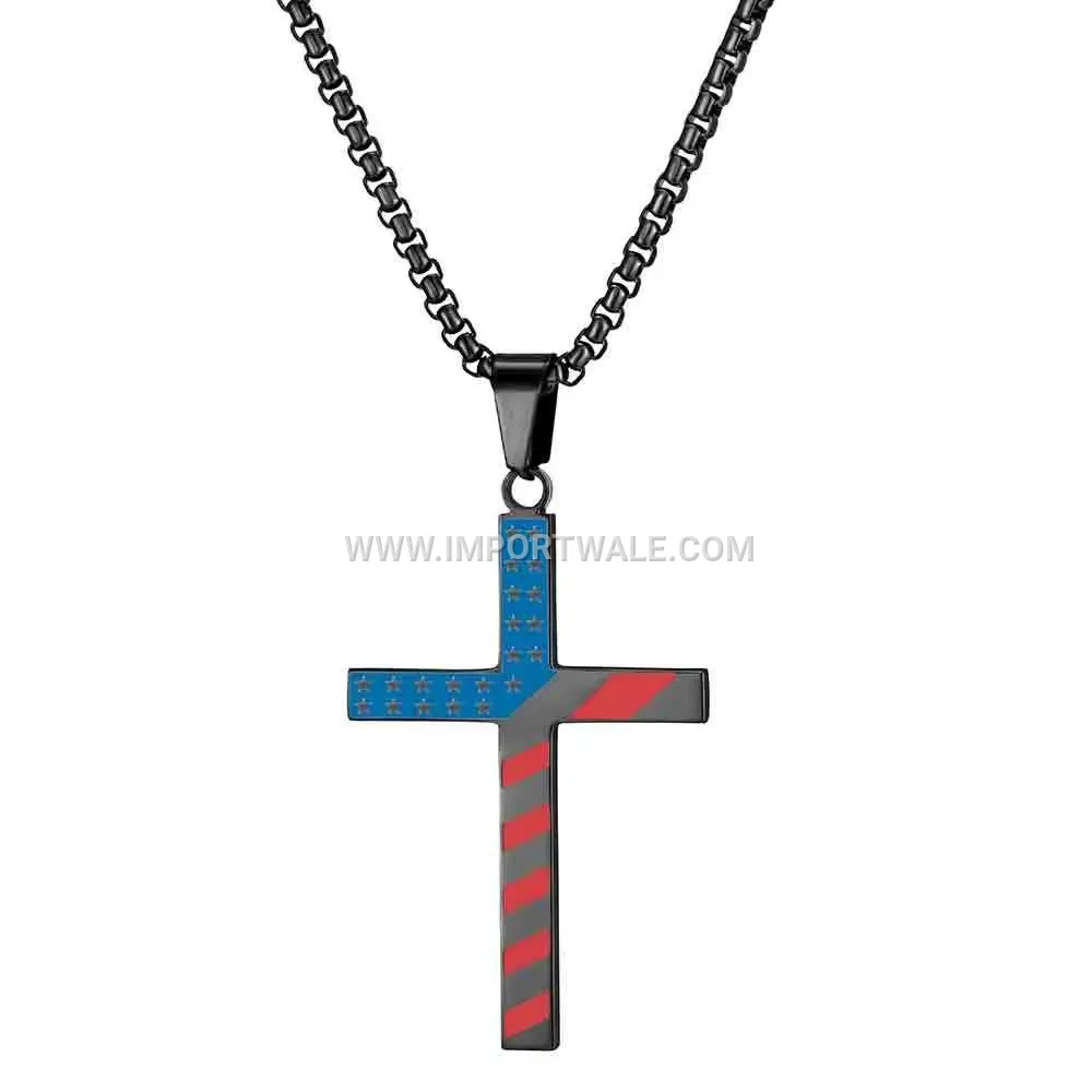 American Flag Enamel Cross Stainless Steel Pendant Necklace