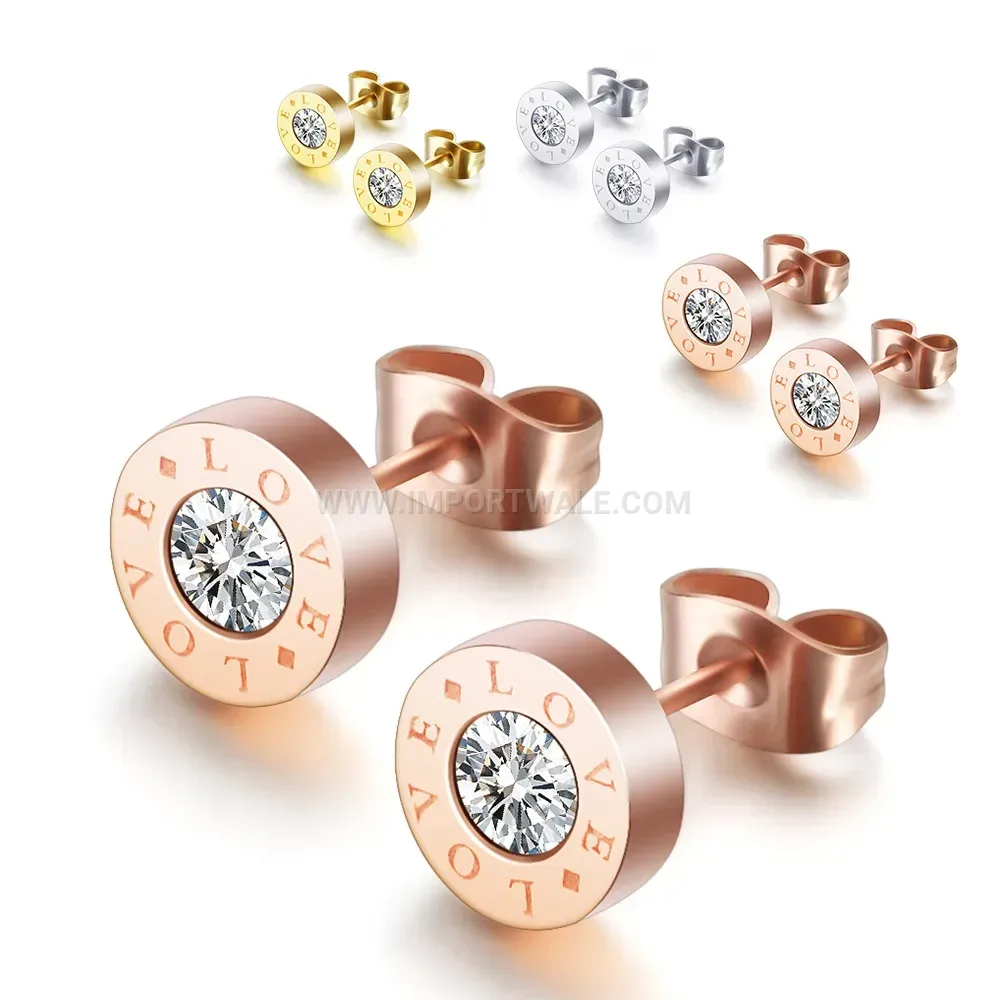 Engraved Love Round Stainless Steel Stud Earrings