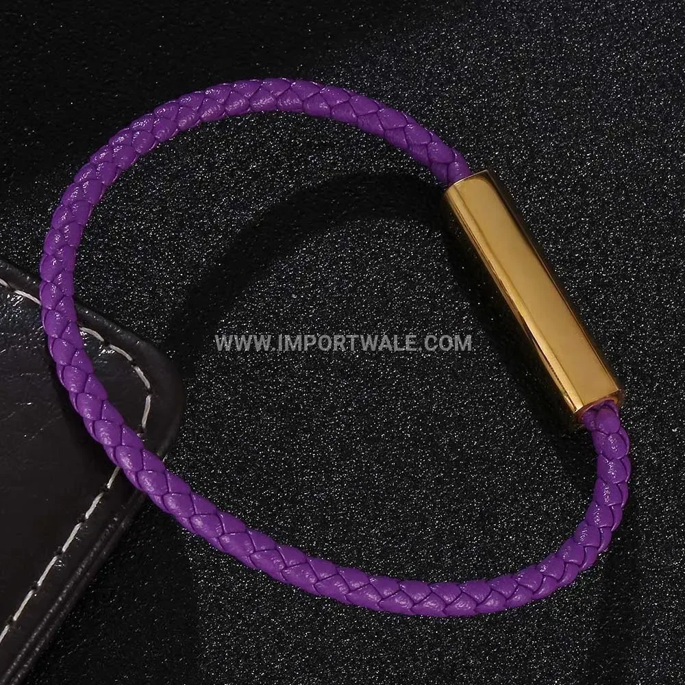 Slender Braided Leatherette Gold-Plated Steel Magnetic Clasp Wristband