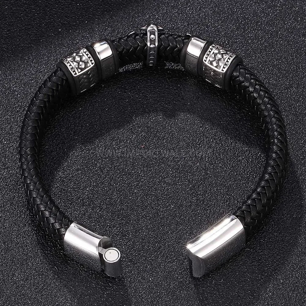 Trendy Braided Leather Stainless Steel Cross Magnetic Clasp Bracelet