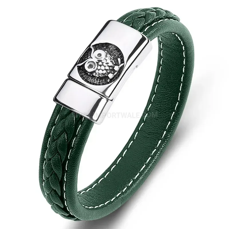 Owl Animal Accent Stainless Steel Leather Wristband Bracelet