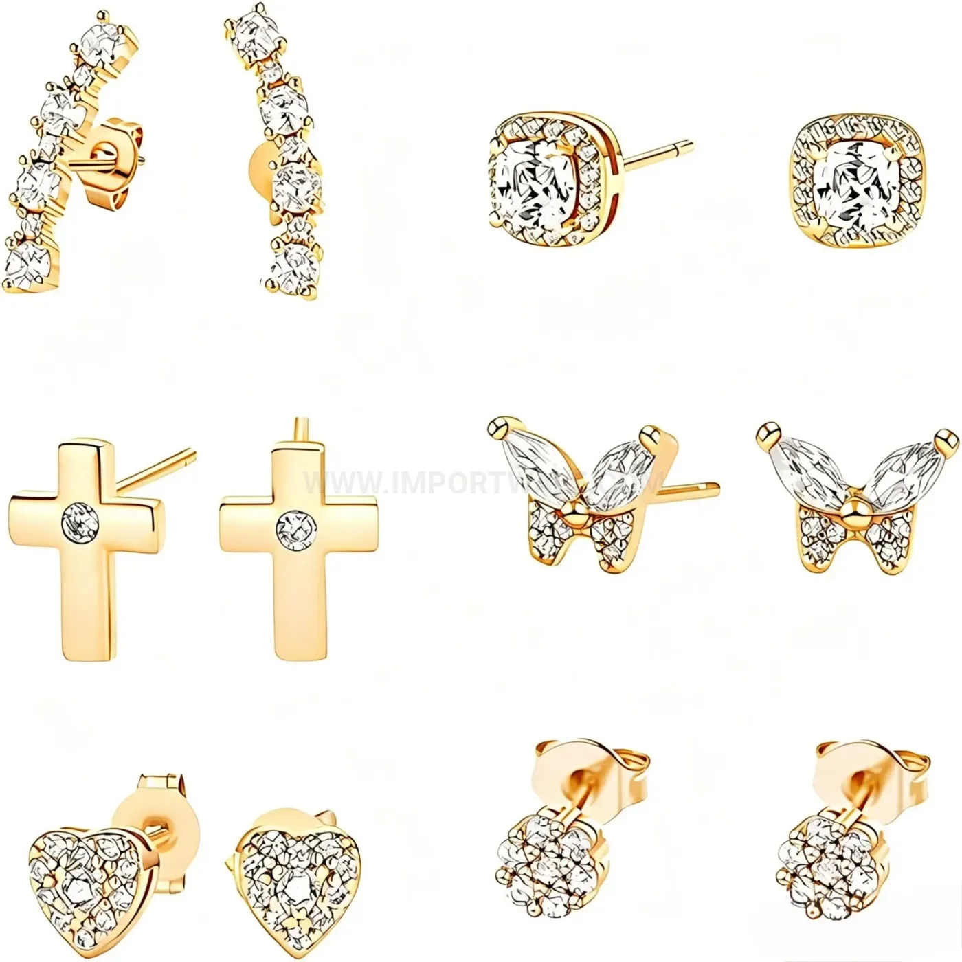 Multi Style Rhinestone Heart Butterfly Cross Stainless Steel Piercing Earring Set