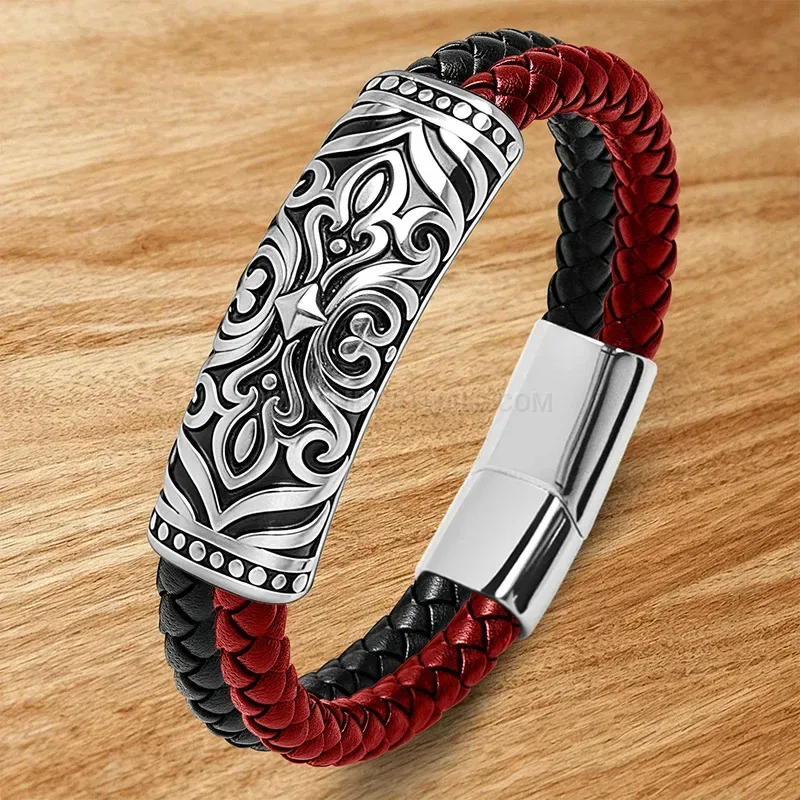 Stylish Carved Totem Stainless Steel Dual Color Leather Wristband