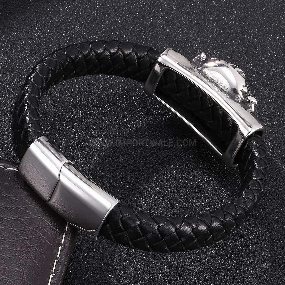 Chic Punk Style Skull Stainless Steel Black Leather Bracelet With Magnetic Clasp