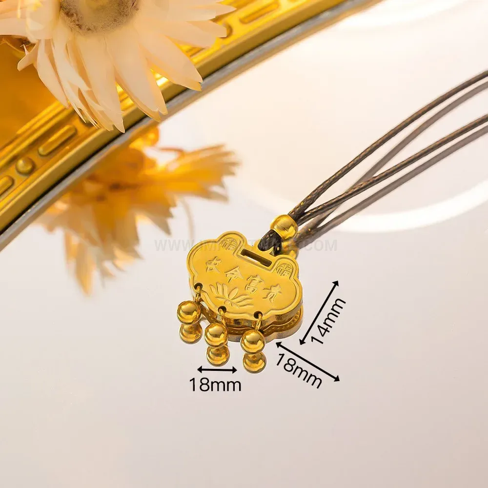 Gold Stainless Steel Longevity Lock Pendant Black Cord Necklace
