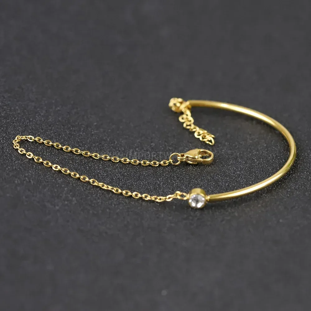 18K Gold Plated Stainless Steel C Shape Cubic Zirconia Bangle Bracelet