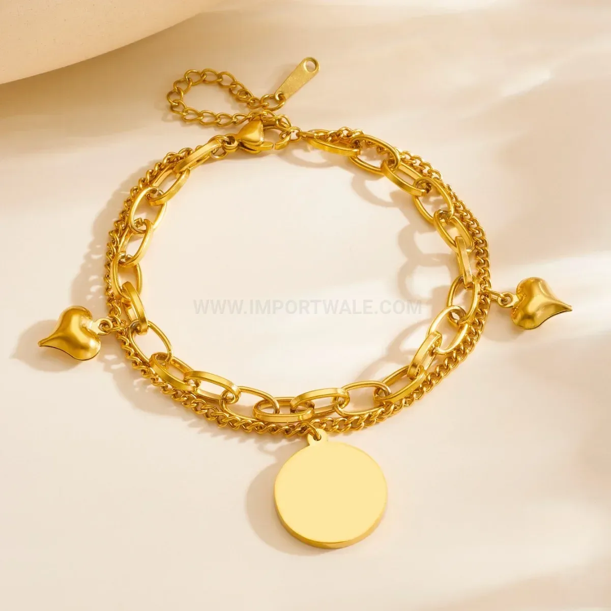 Double Layer Stainless Steel Gold-Plated Crystal Heart Disc Bracelet