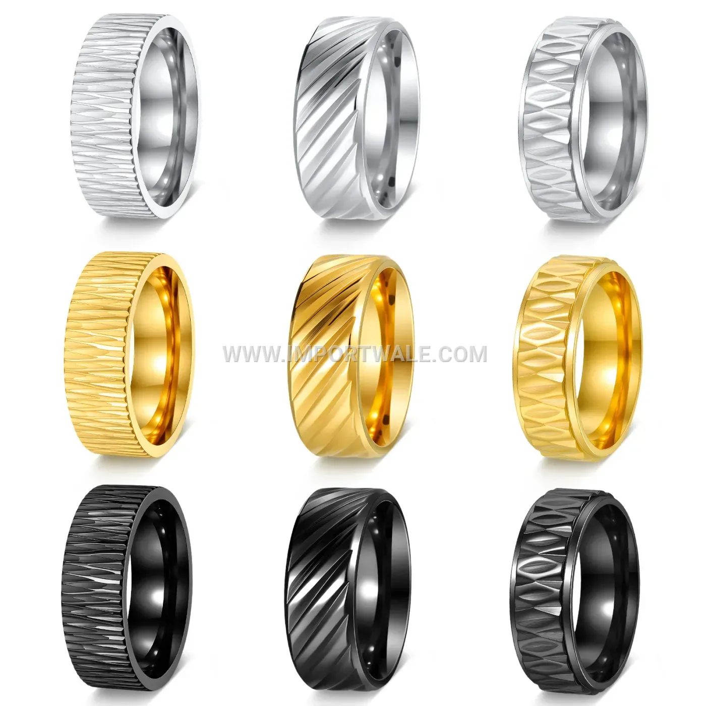 Textured Geometric Stainless Steel Band Ring with Polished Finish