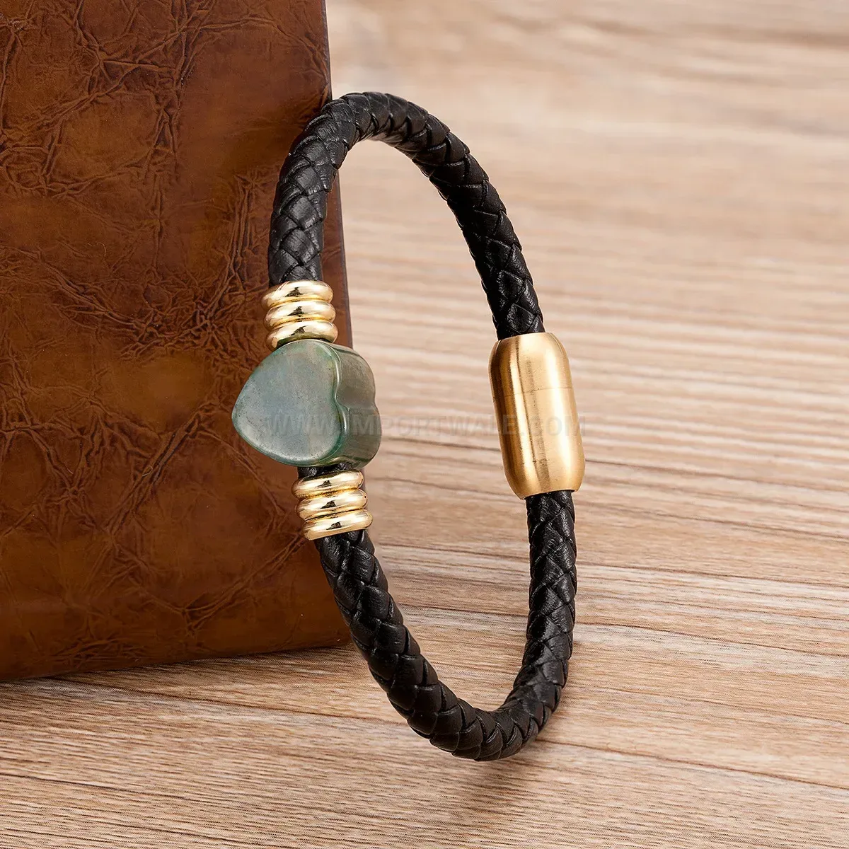 Heart Accent Leather Stone Bracelet with Stainless Steel Magnetic Clasp