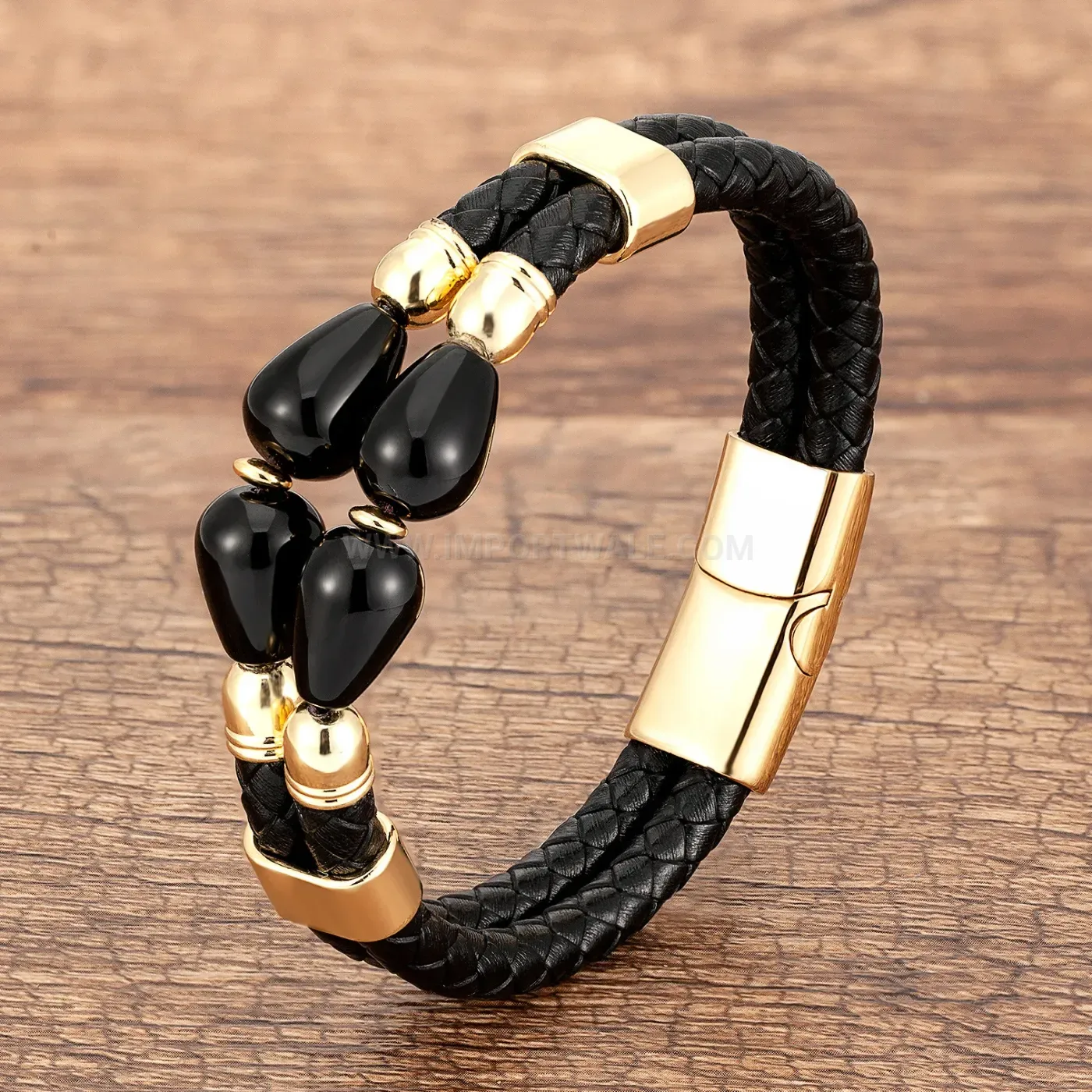 Braided Leather Stone Bracelet with Stainless Steel Clasp
