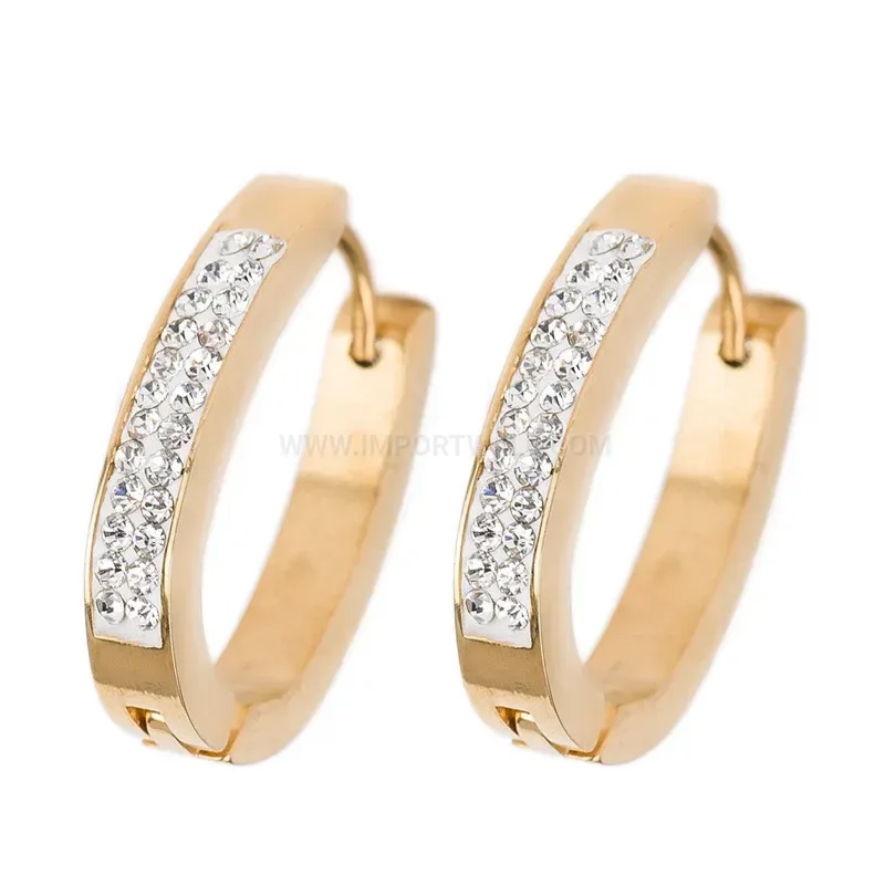 Trendy Sleek Single-Row Rhinestone Stainless Steel Hoop Earrings