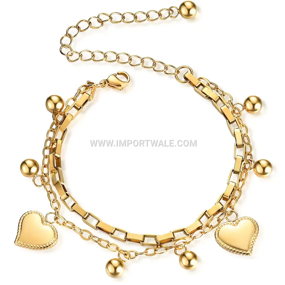 Multi Strand Heart Charm Bead Stainless Steel Bracelet