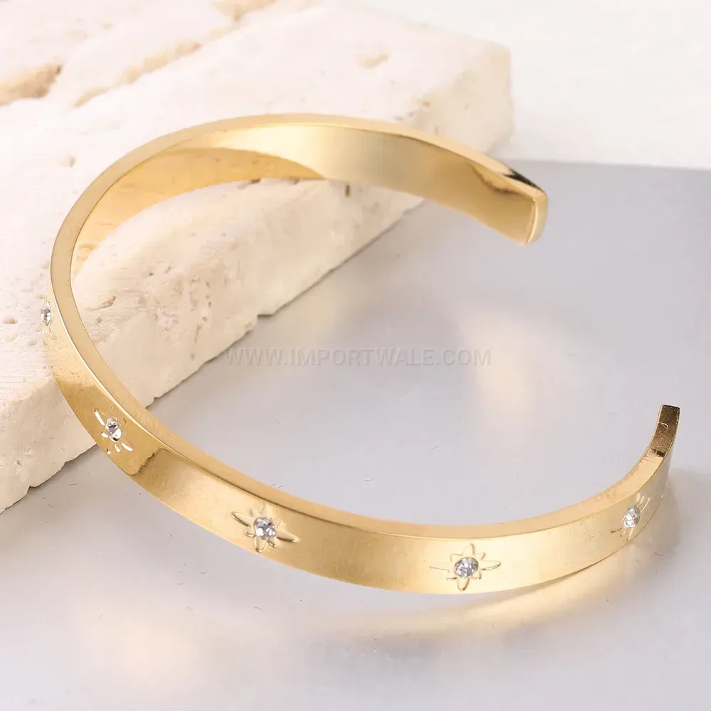 Chic 18K Gold Plated Stainless Steel Hollow Sun Bangle with Rhinestones