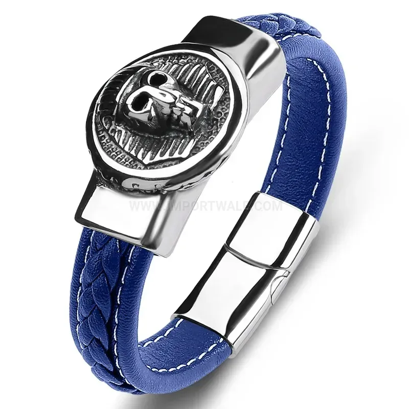 Trendy Royal Skull Stainless Steel Leather Strap Bracelet