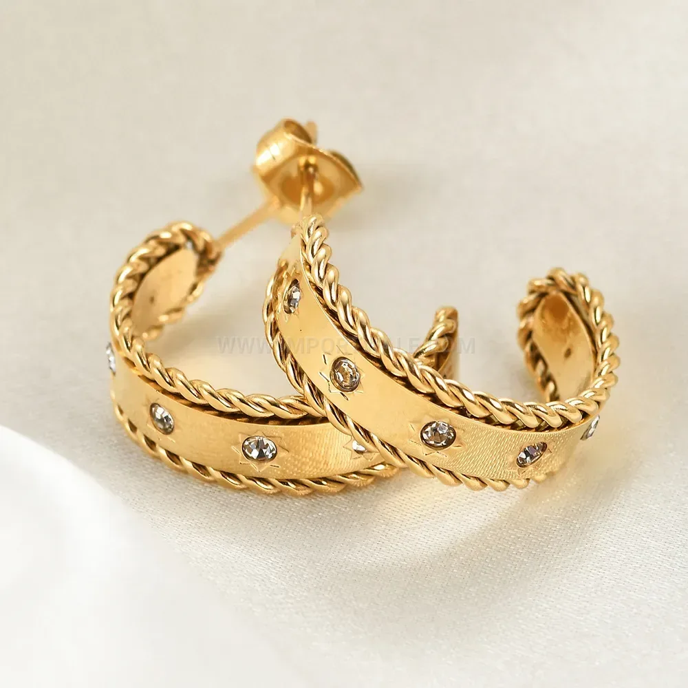 Classic Twisted Wide C Shaped Zircon Stainless Steel Earrings
