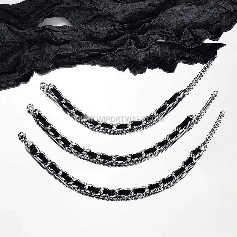 Stainless Steel and Leather Chain Link Combination Bracelet