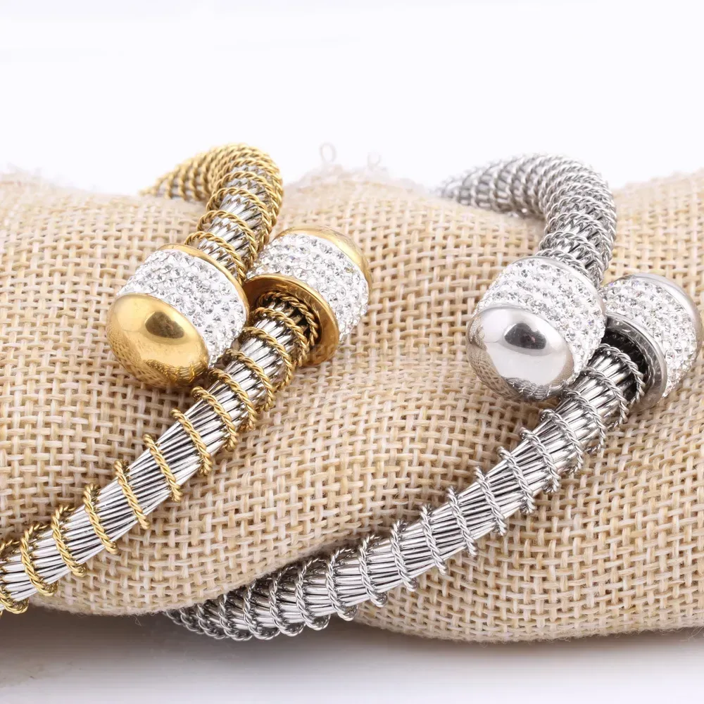 Rhinestone Embedded Stainless Steel Mesh Spring Bangle