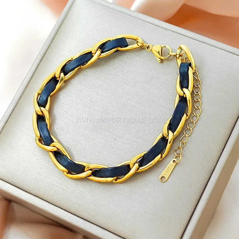 Fashion Woven Leather and Stainless Steel Combination Wave Bracelet