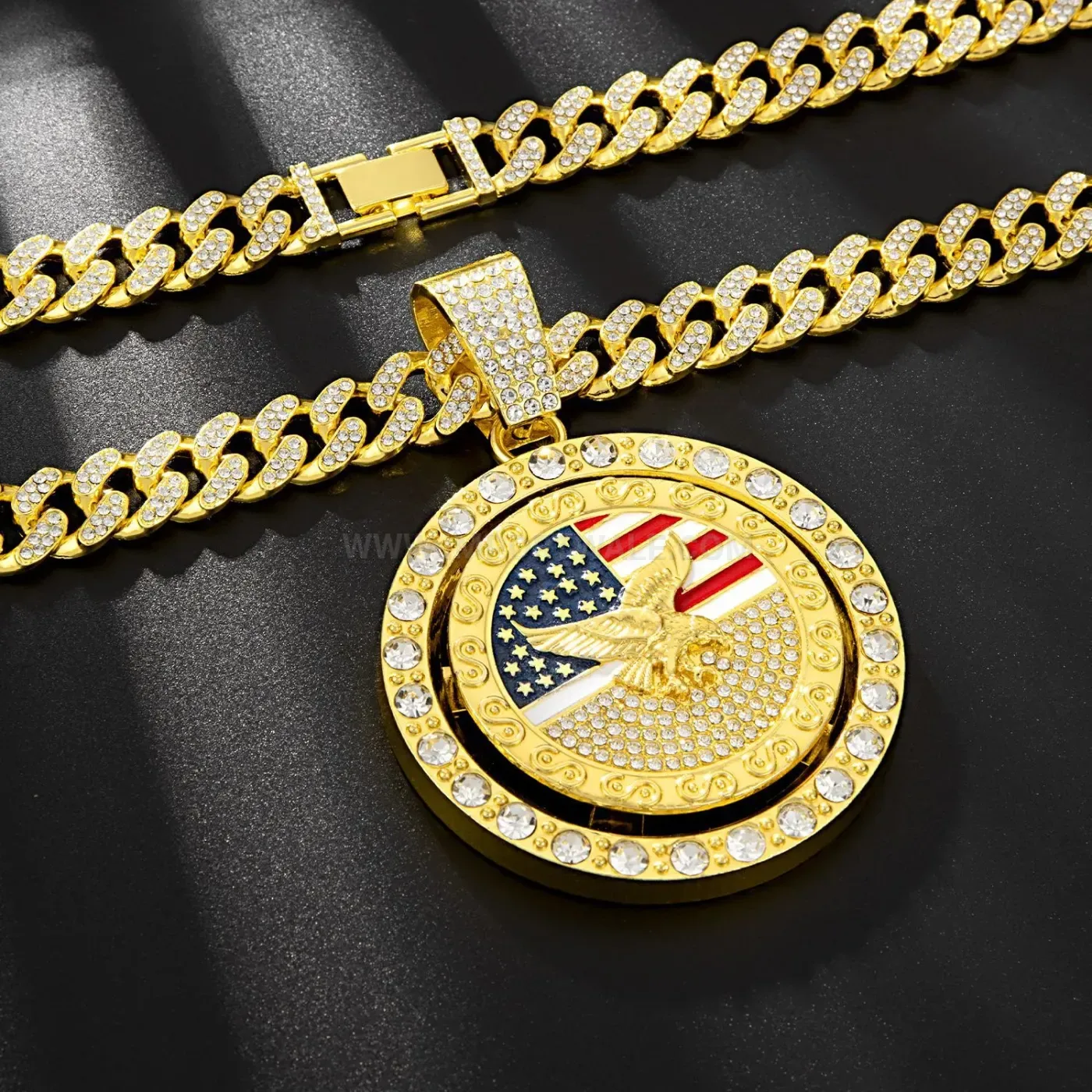 Modern Spinning Eagle Flag Pendant Cuban Link Necklace