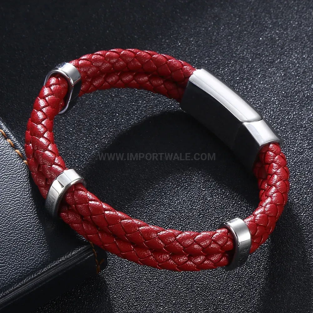 Braided Leather Bracelet with Stainless Steel Clasp