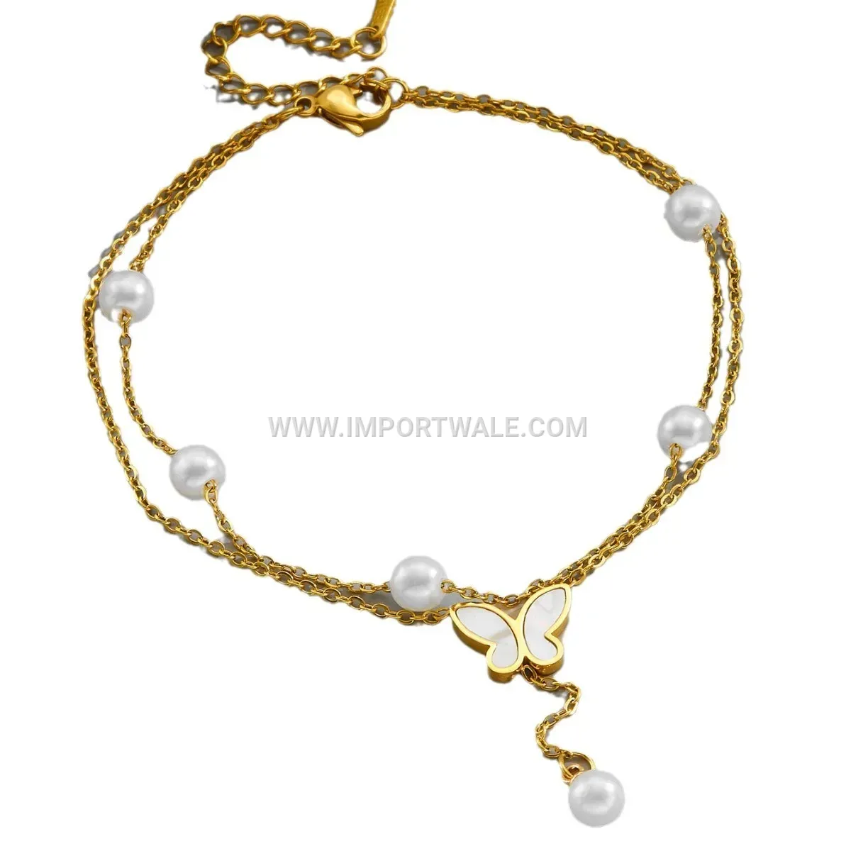 Layered Pearl Butterfly Tassel Titanium Steel Anklet