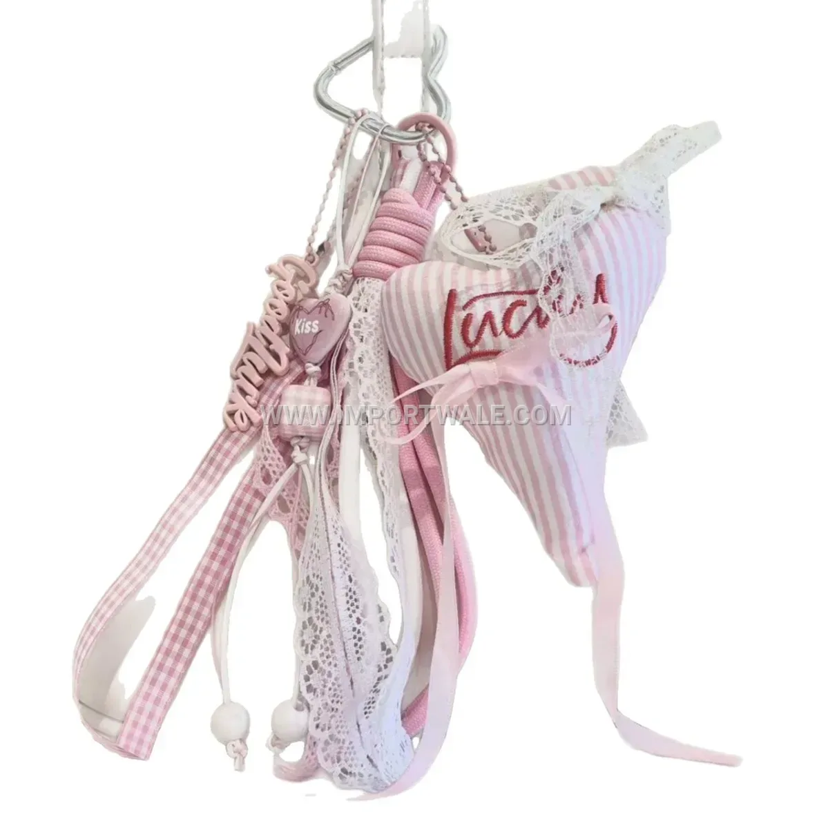 Embroidered Fabric Striped Heart Charm Keychain