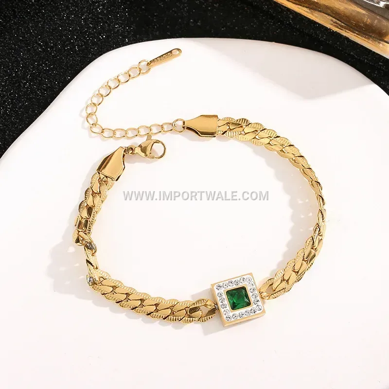 Vintage Emerald Zircon Micro Pave Stainless Steel Anklet