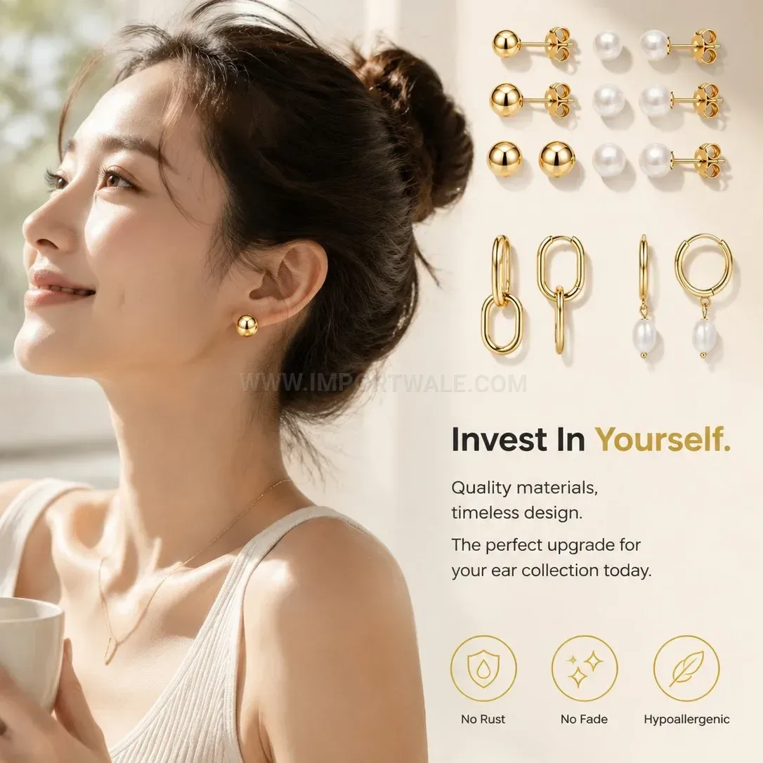 Elegant Stainless Steel Faux Pearl Piercing Stud Earrings Set
