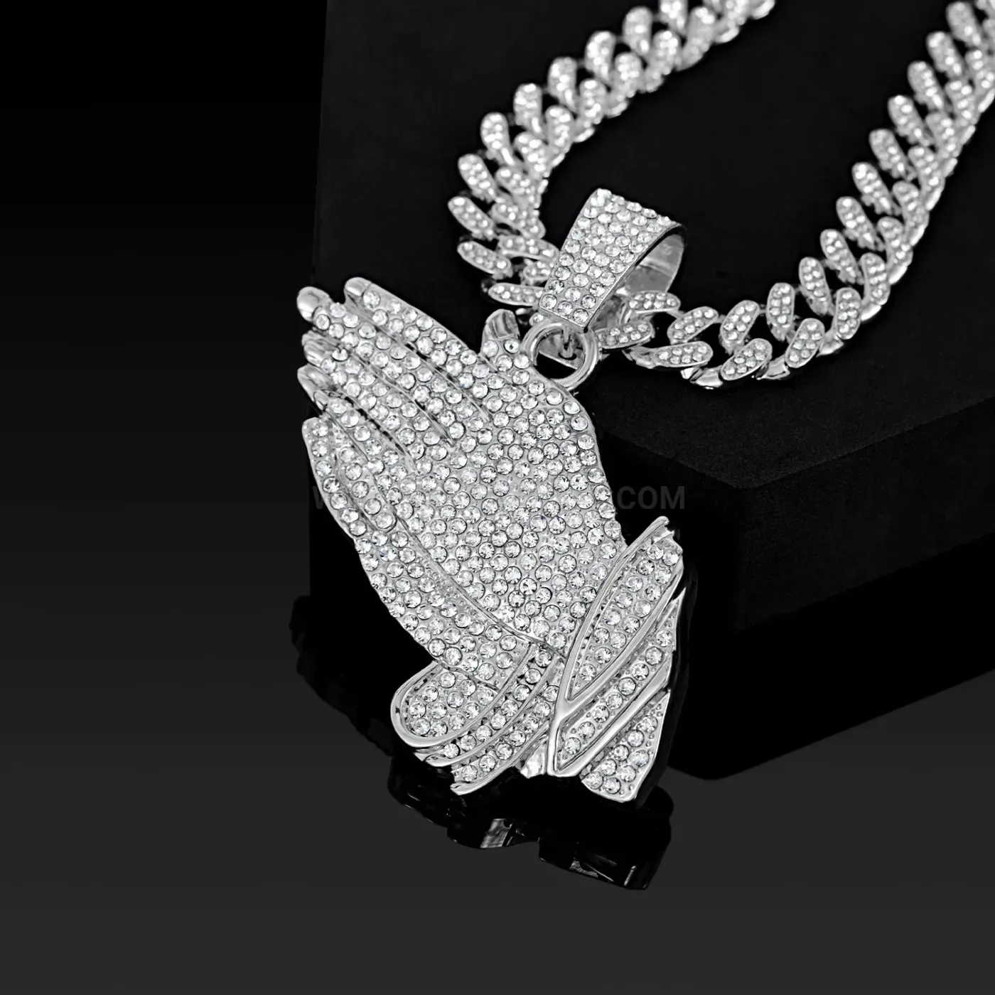 Classic Iced Out Praying Hands Pendant Cuban Chain Necklace