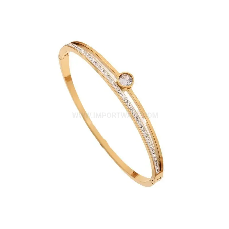 Bold Sparkling Crystal Open Cuff Titanium Steel Bangle