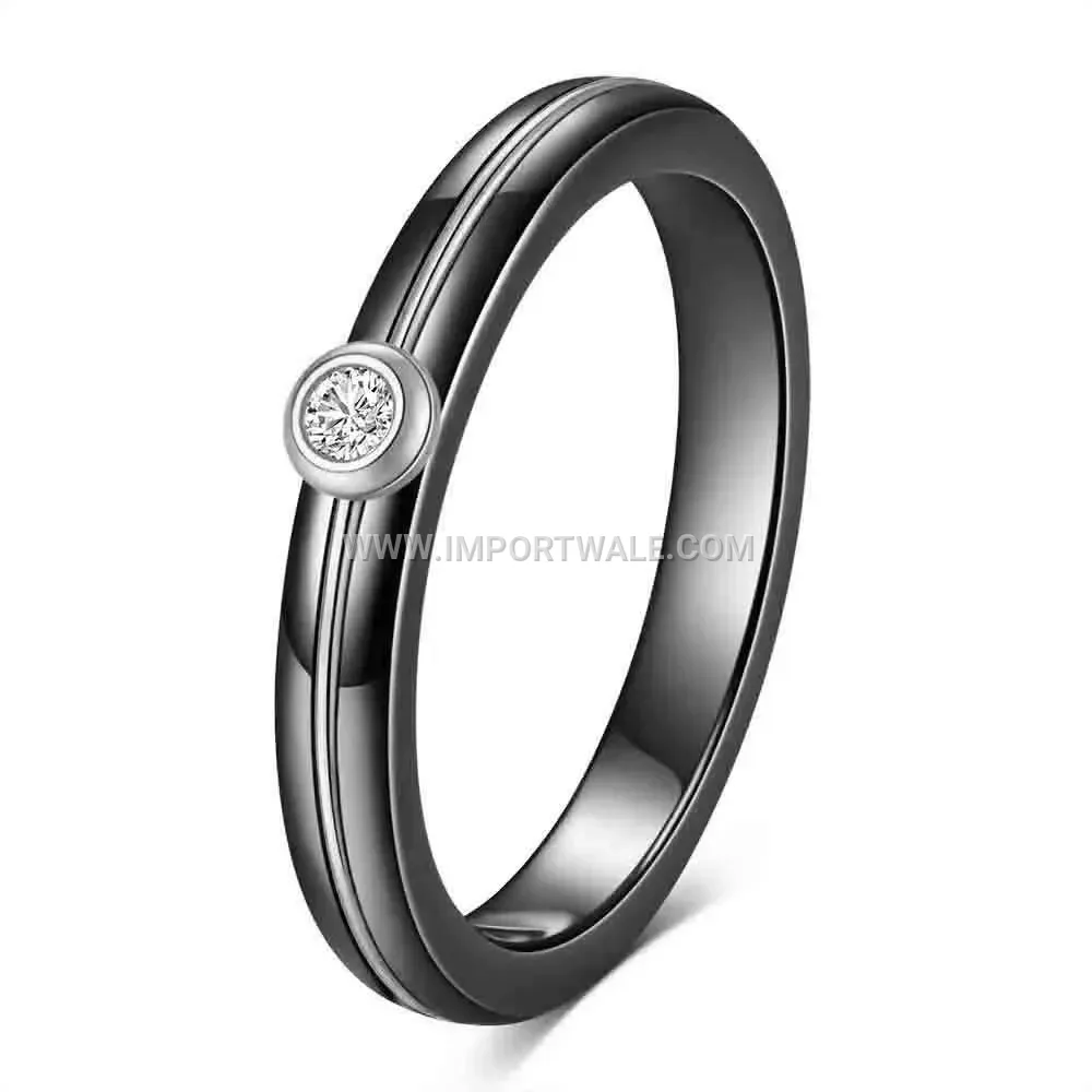 Stainless Steel and Ceramic Rhinestone Inlaid Ring