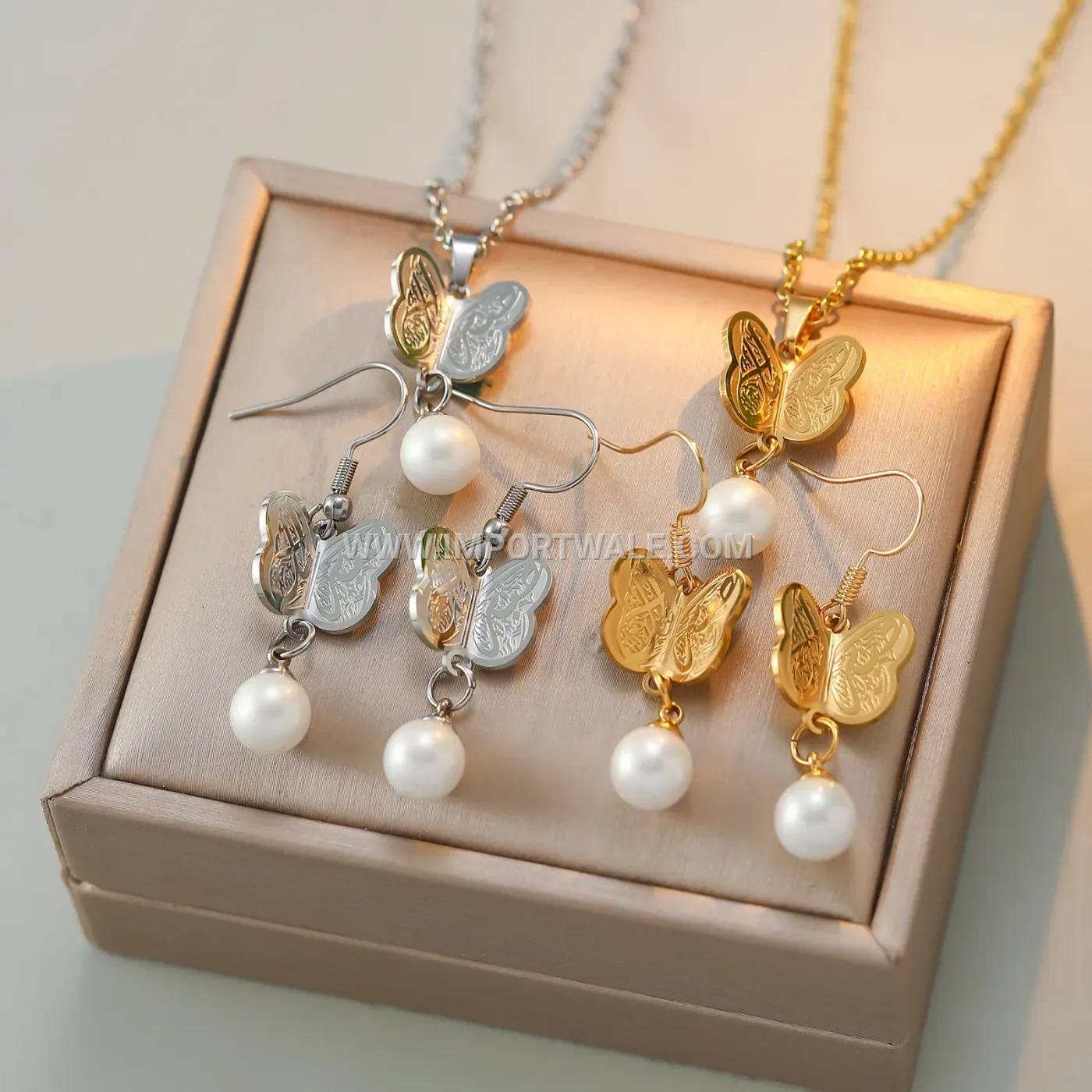 Tarnish Free Stainless Steel Butterfly Pendant Necklace and Earrings Set