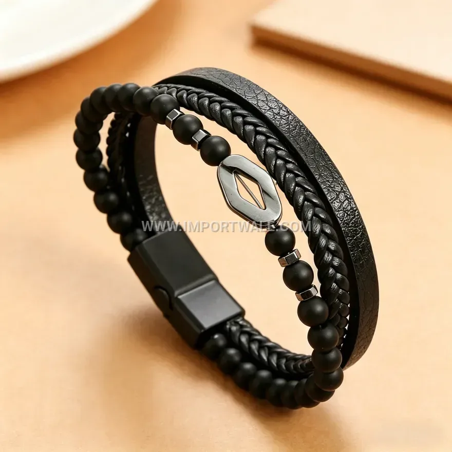 Natural Stone Bead Braided PU Leather Magnetic Bracelet