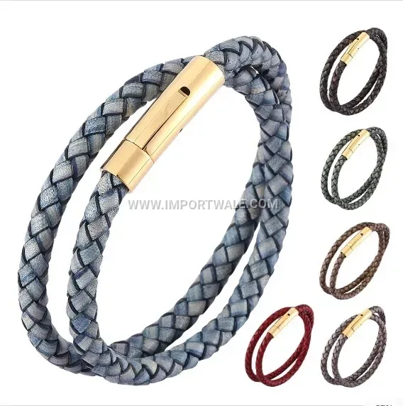 Double Wrap Vintage Leather Stainless Steel Gold Accented Cuff Bracelet