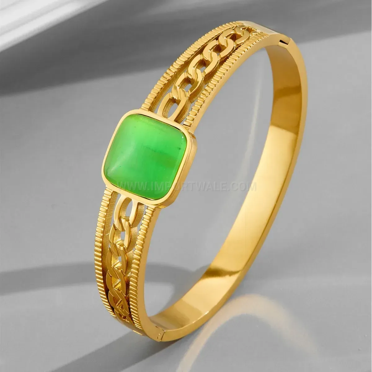 Hollow Geometric Cat Eye Stone Stainless Steel Bangle