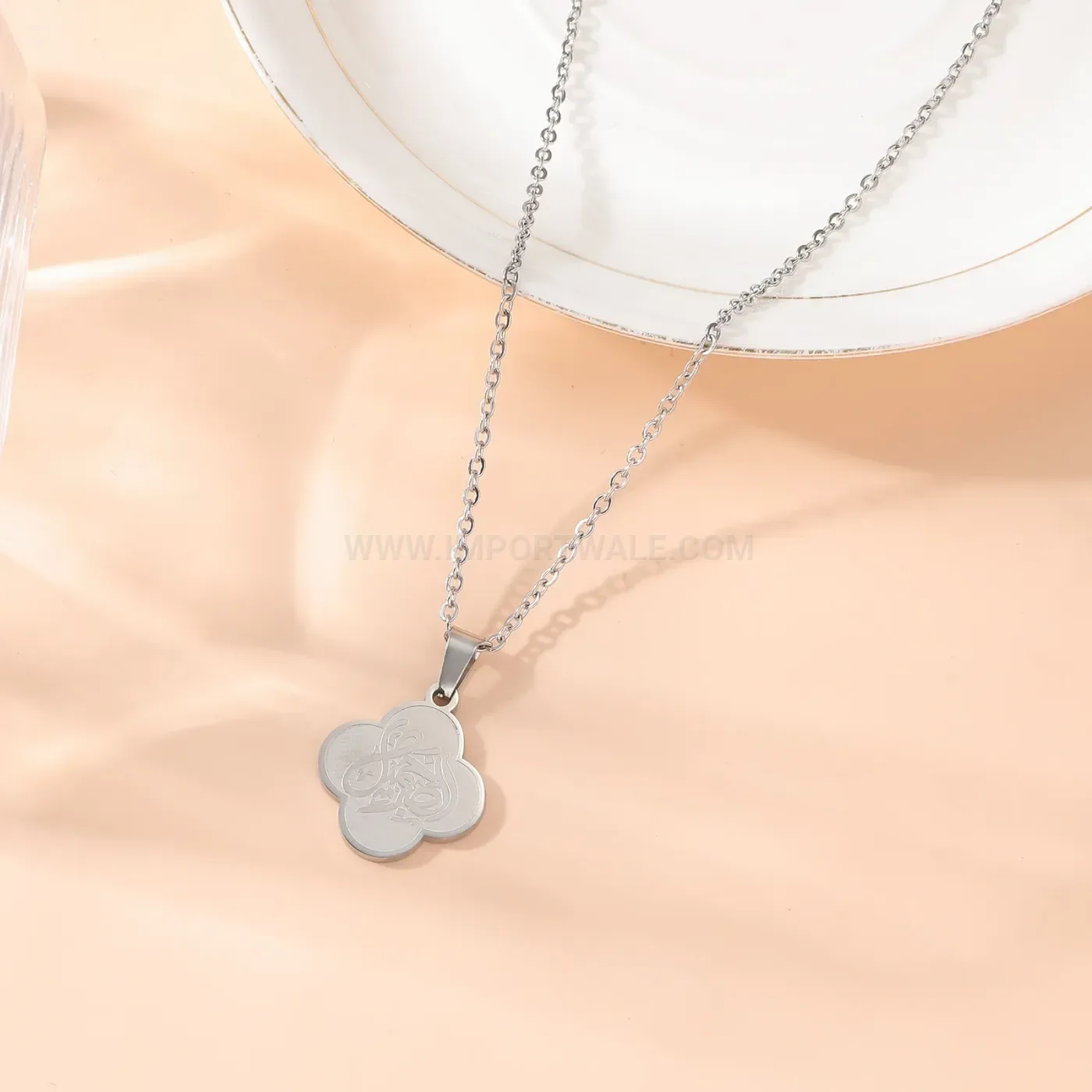 Chic Stainless Steel Clover Arabic Calligraphy Inscribed Pendant Necklace