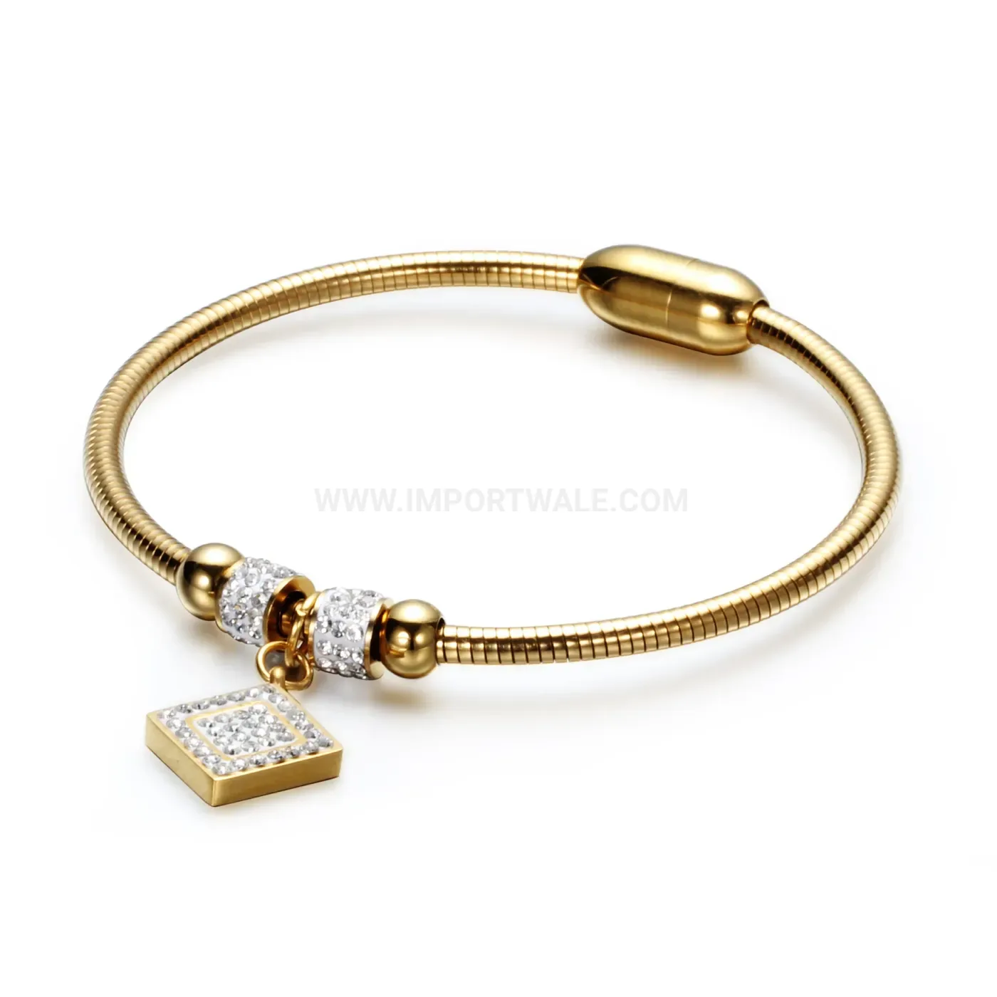 Designer Square Rhinestone Charm Snake Chain Magnetic Stainless Steel Bangle