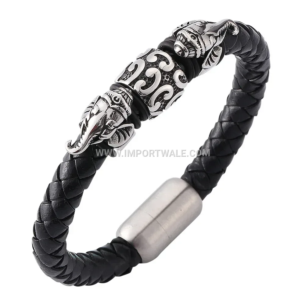 Retro Braided Leather Wristband with Stainless Steel Elephant Motif