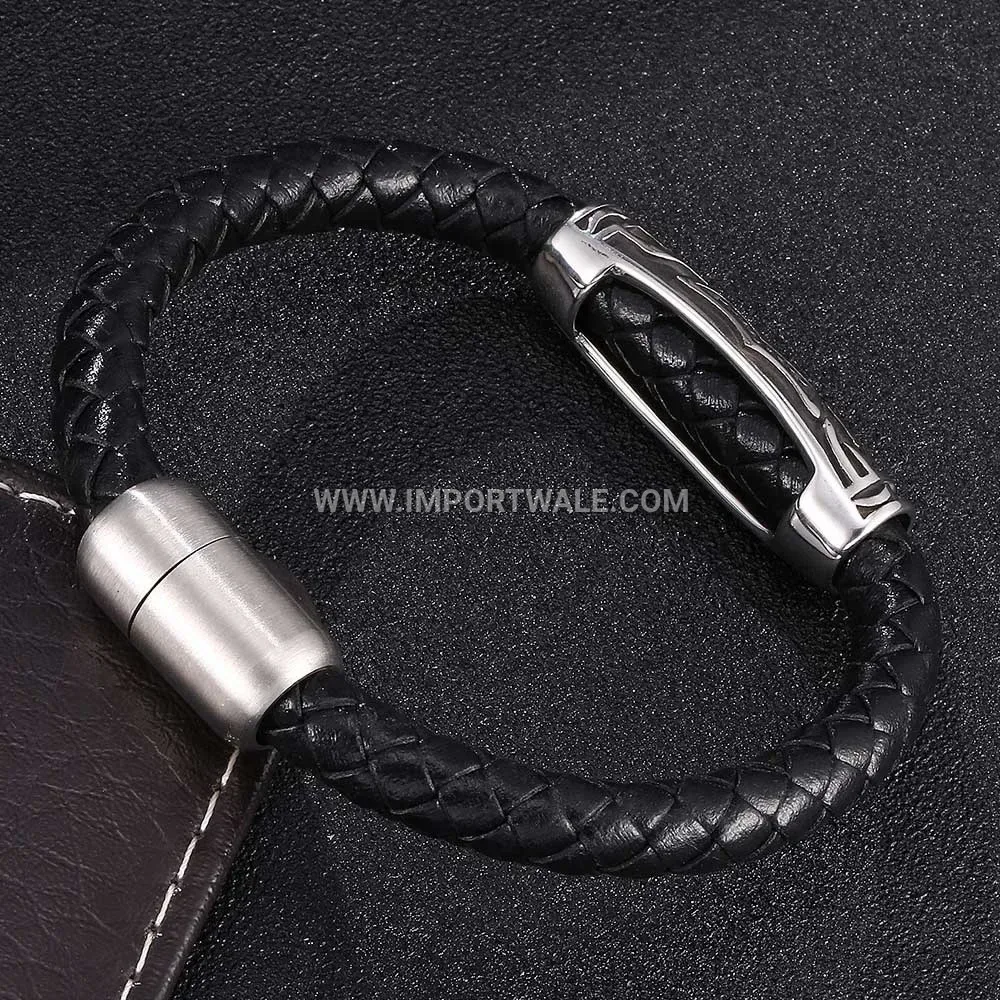 Retro Black Braided Leather Stainless Steel Men's Wristband Bracelet