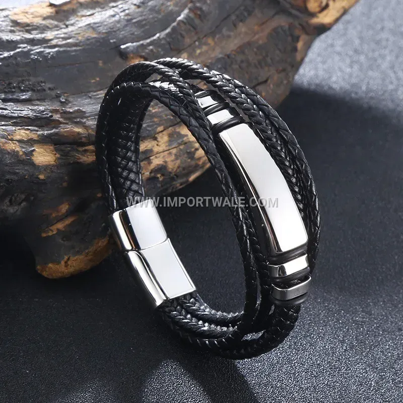 Multi-Strand Leather Braided Bracelet with Stainless Steel Clasp