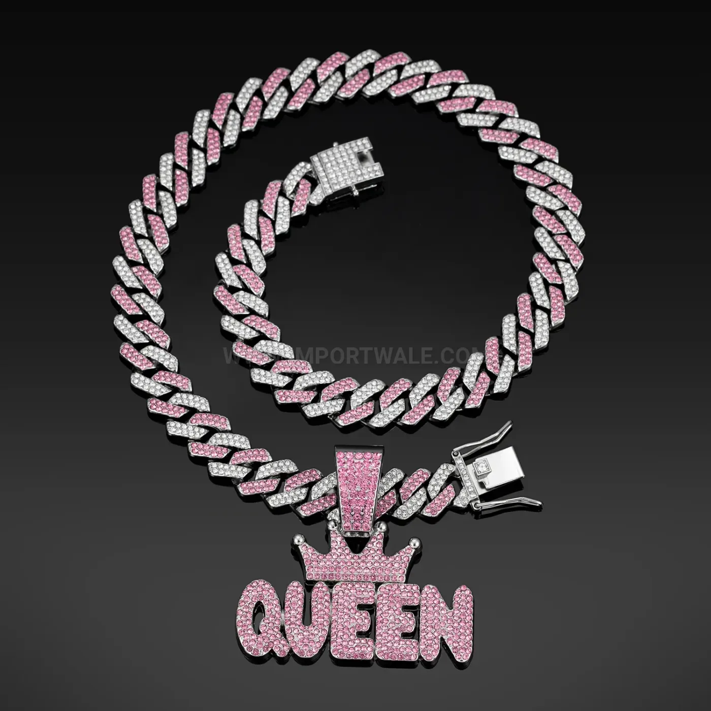 Pink Rhinestone Crown Queen Hip Hop Pendant Necklace