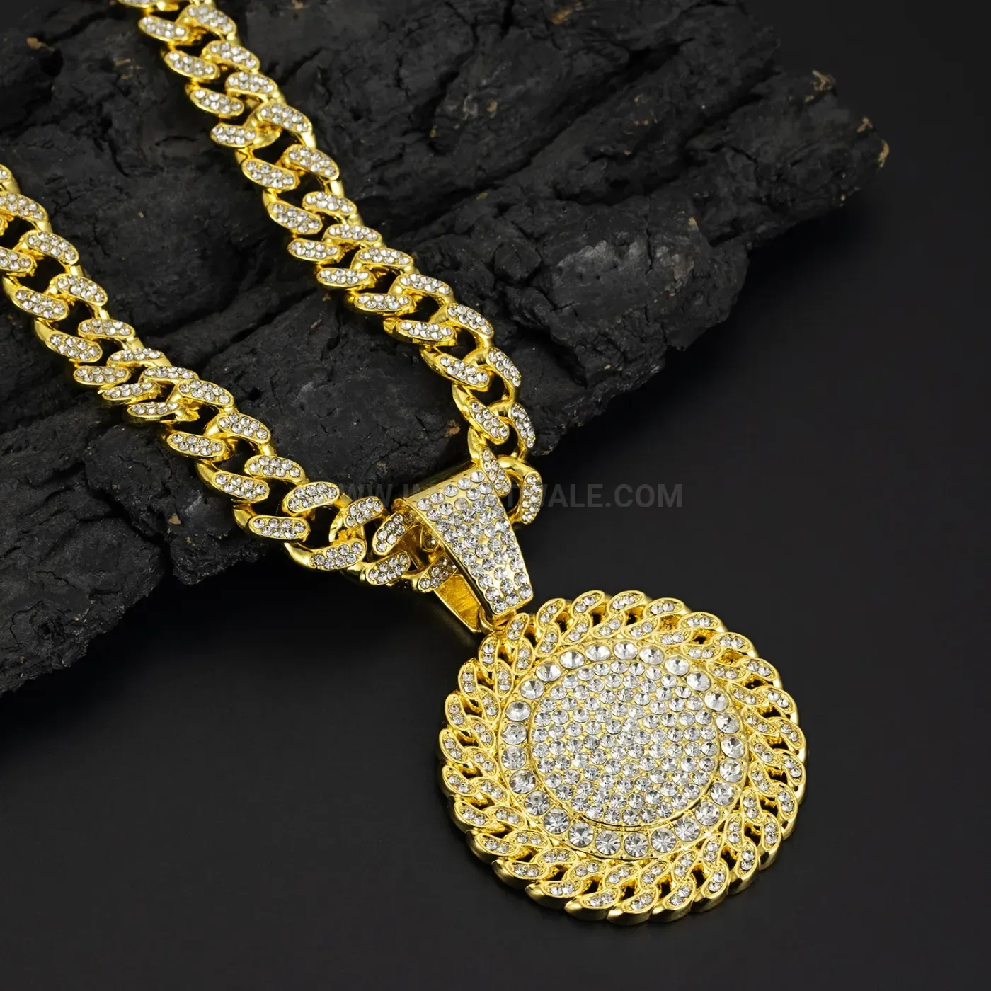 Bold Rhinestone Paved Round Disc Pendant Cuban Chain Necklace