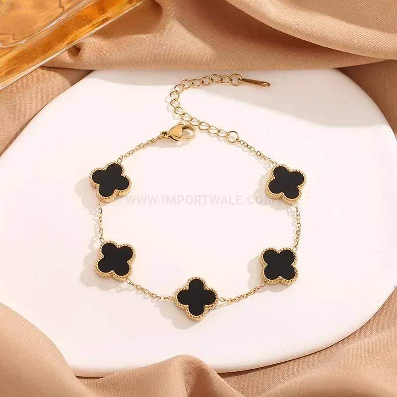 Double Sided Shell Four Leaf Clover Titanium Steel Bracelet