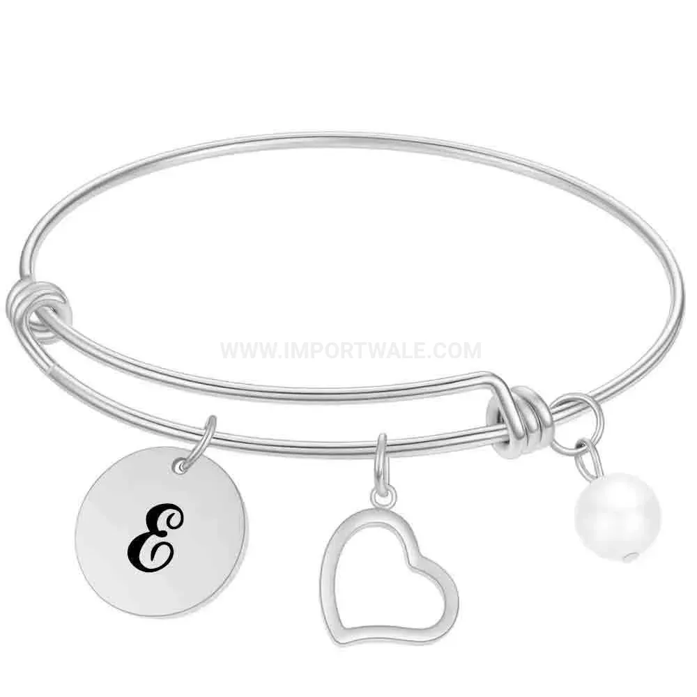 Fashion Adjustable Initial Charm Pearl Heart Stainless Steel Cuff Bangle